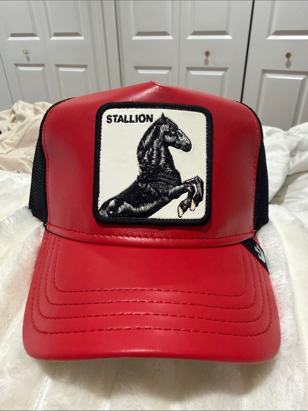 Goorin Bros Stallion Red Faux Leather Trucker Hat